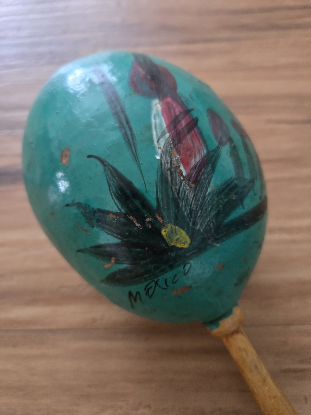 4/$15 Hand-Painted Teal Wooden Maraca Home Accents Handmade In Mexico Boho Decor - Picture 3 of 5